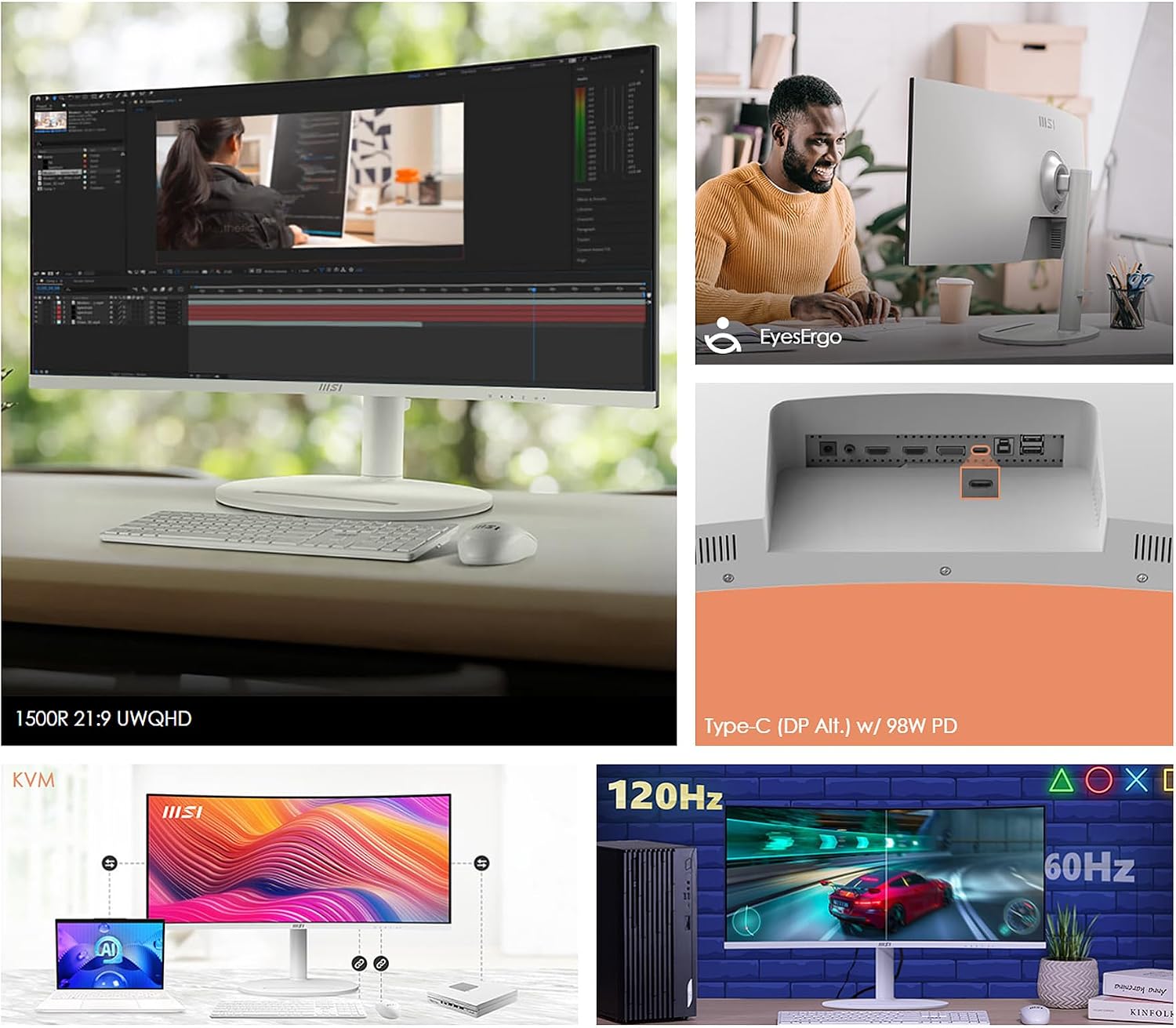 msi Modern MD342CQPW 34in VA 3440 x 1440(UWQHD) Computer Monitor, 120Hz, 1800 Curved, Adaptive-Sync, HDMI, DP, USBC 98W Power Delivery, KVM, Height Adjustable, VESA, Speaker, 1ms, White