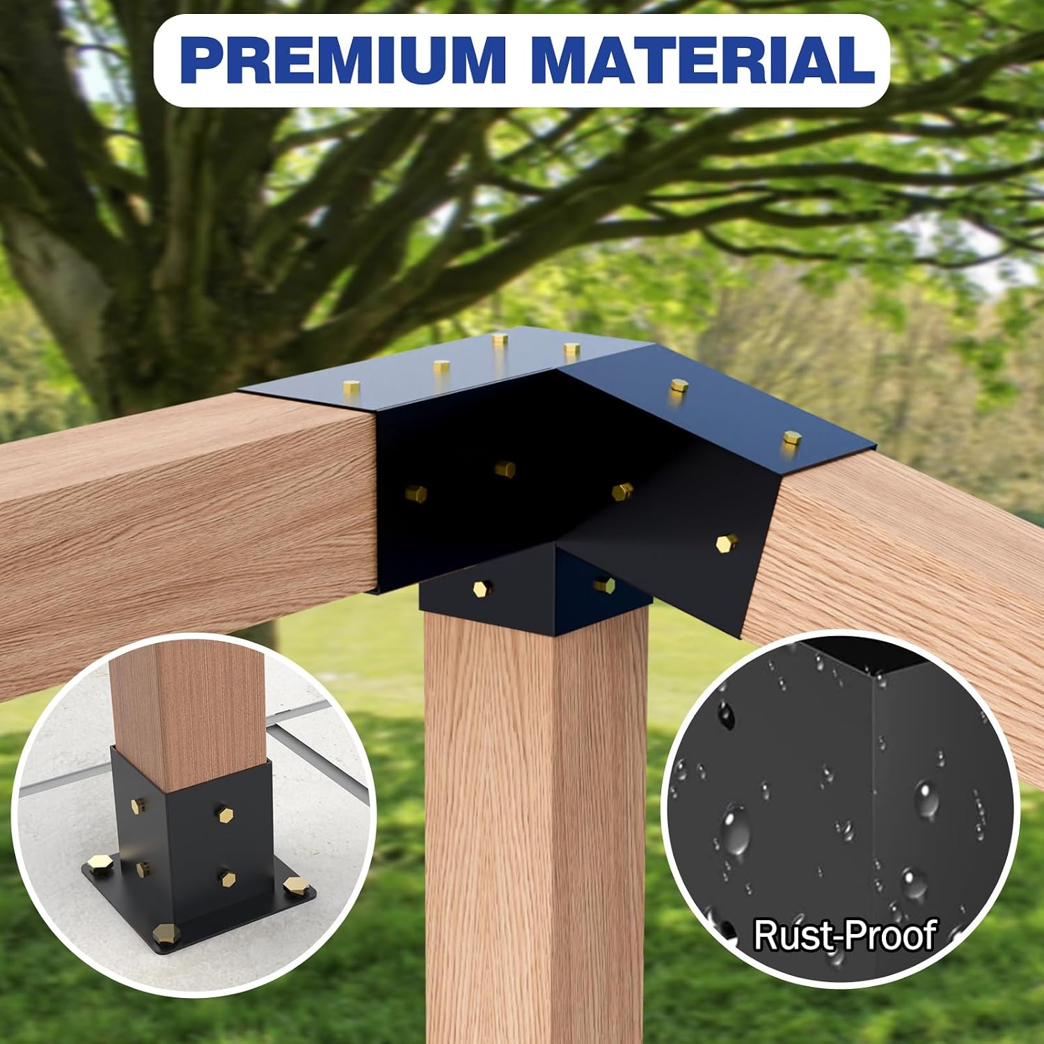 Pergola Kit - 3-Way Slanted Brackets, Powder-Coated, 4' x 4' (Actual: 3.5x3.5 Inch), Hardware for Outdoor Wood Pergolas, Gazebos, Sheds (8 pcs)