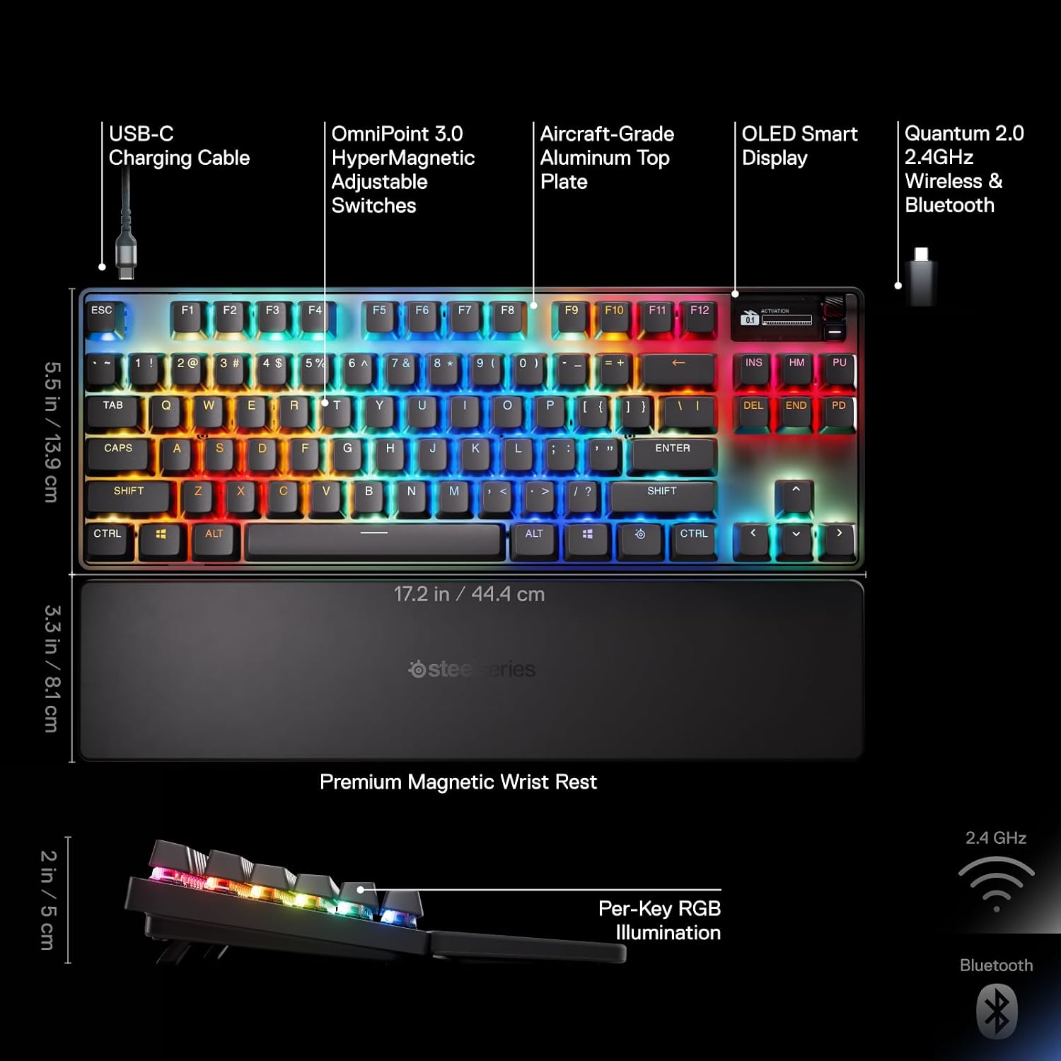 SteelSeries Apex Pro TKL Wireless Gen 3 OmniPoint 3.0 HyperMagnetic Switches — Adjustable Actuation — Rapid Trigger — Rapid Tap/SOCD — Dual Wireless — OLED (Renewed)
