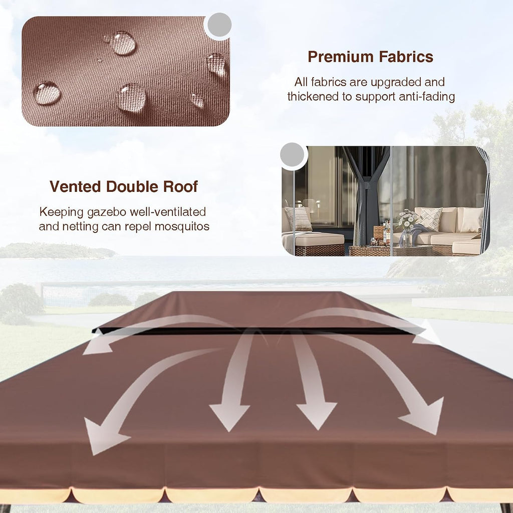 Gazebo for Patio, Outdoor 10x13 Gazebo Canopy Tent with Mosquito Netting & Curtains, Party Tent Shelter with Waterproof Double Vented Roof for Garden, Deck, Backyard, Lawn (Brown)