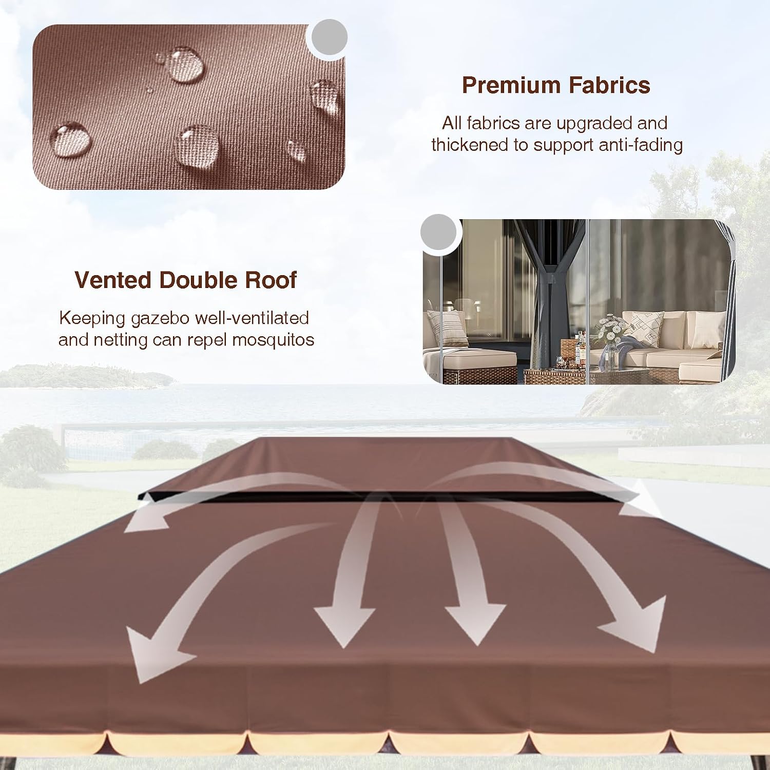 Gazebo for Patio, Outdoor 10x13 Gazebo Canopy Tent with Mosquito Netting & Curtains, Party Tent Shelter with Waterproof Double Vented Roof for Garden, Deck, Backyard, Lawn (Brown)