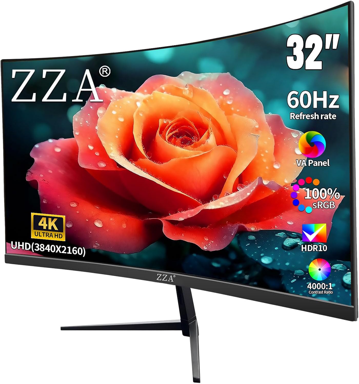 ZZA 32 Inch 4K 1500R Computer Monitor, UHD (3840 x 2160) 60Hz Ultra-Clear Screen, 100% sRGB,Eye Care Screen with HDMI, DisplayPort for Home and Office, VESA(100x100mm)