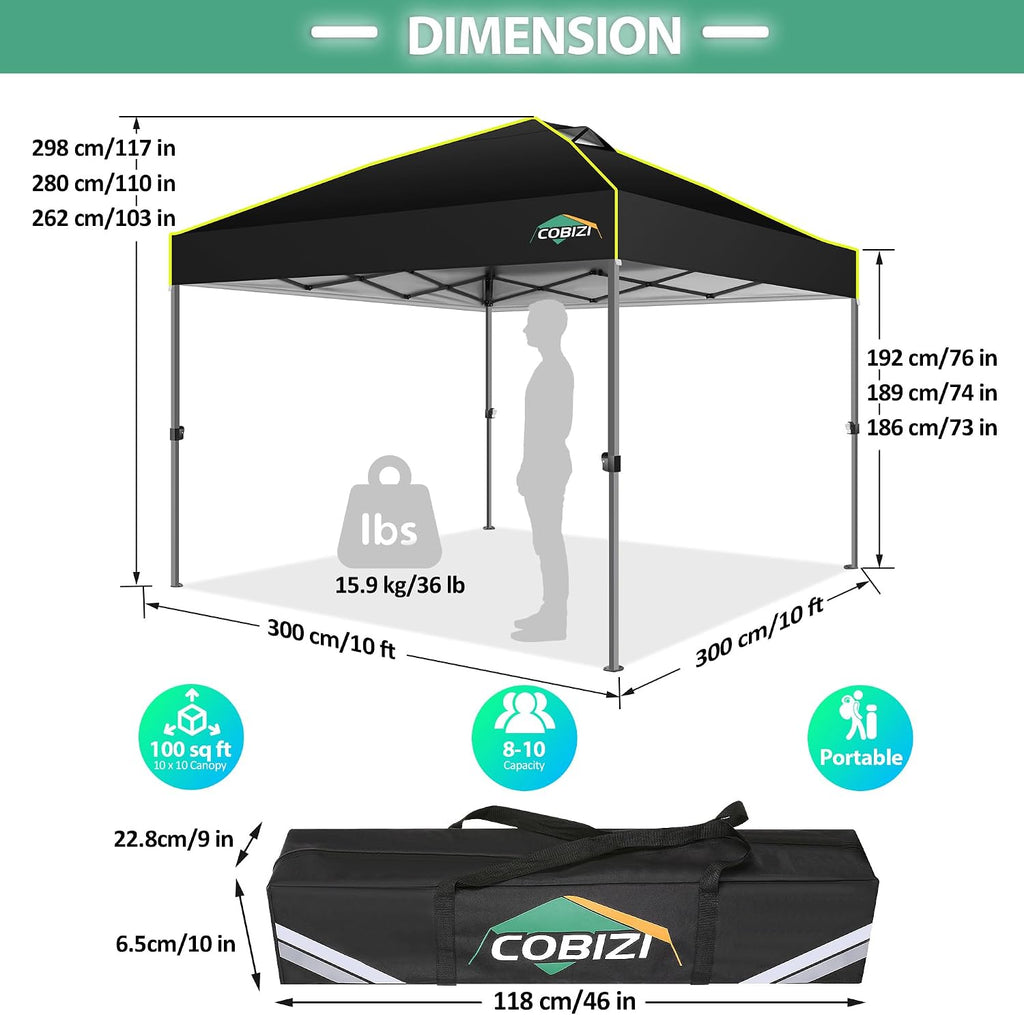 COBIZI Canopy 10x10 Pop Up Canopy Tent 1-Button Push Easy up Outdoor Canopy Instant Portable Commercial Shelter Waterproof UPF50+ Gazebo with Reflective Strip, Air Vent & 4 Sandbags,Black