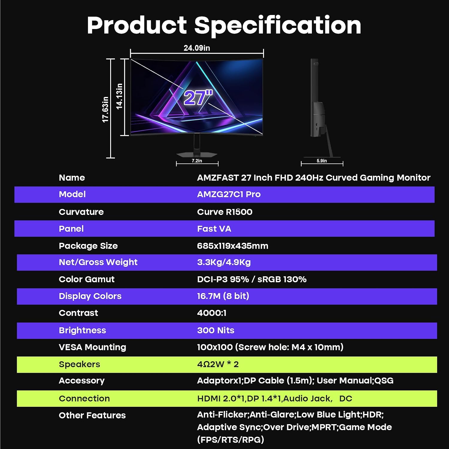 Amzfast 27 inch 240Hz Curved Monitor, FHD 1080p Gaming Monitor, Built-in Speakers, FreeSync, MPRT 1ms, 130% sRGB, 4000:1, 1500R, VESA Mount, HDMI 2.0&DP 1.4, 12 Months Warranty Exchange