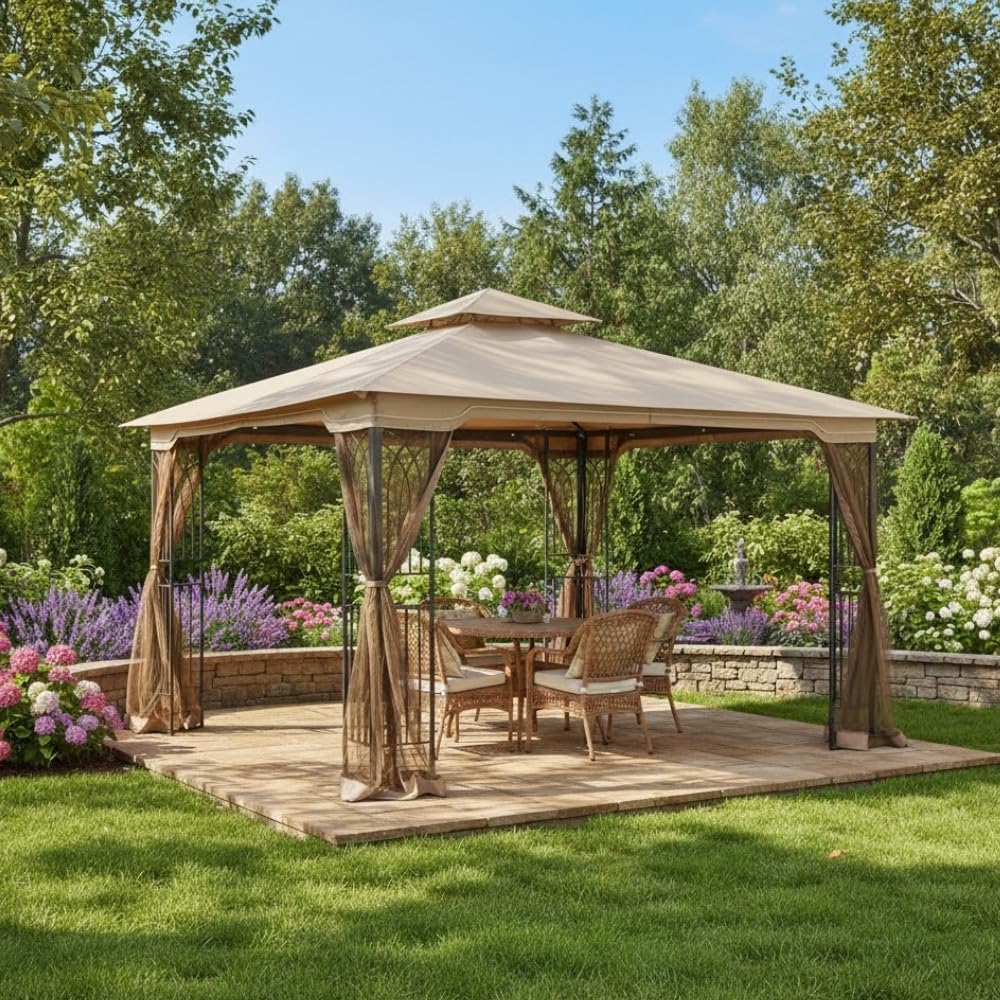 Garden Winds Reinforced RipLock 350 Replacement Canopy Top Cover Compatible with Regency 10' x 12' Gazebo Models L-GZ798PST-E, A111014400, A101004104 - Beige