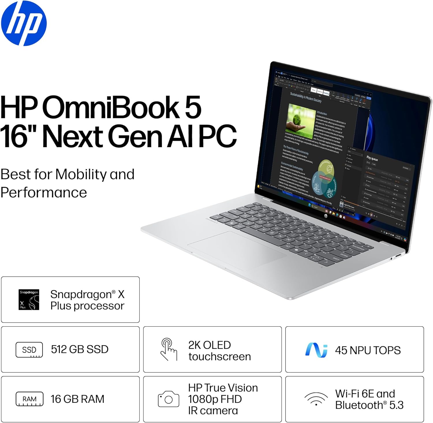 HP OmniBook 5 16 inch Next Gen AI PC, 2K Touchscreen, Snapdragon X Plus X1P-42-100, 16 GB RAM, 512 GB SSD, Qualcomm Adreno GPU, Windows 11 Home, Glacier Silver, 16-fb0000nr