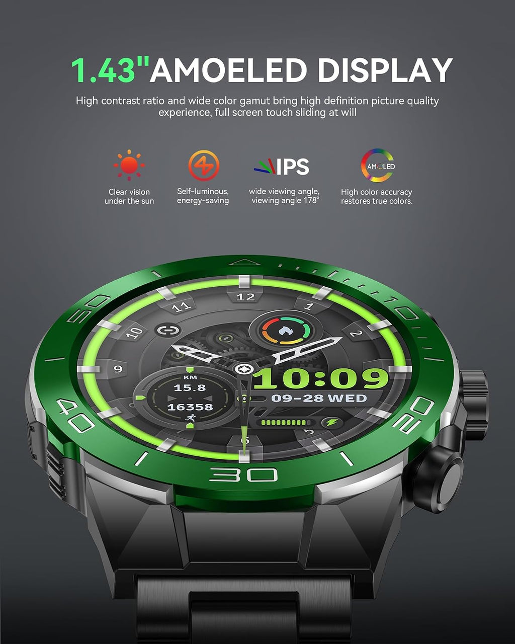 SOUYIE Men's Luxury Smart Watch - 1.43' AMOLED Display Smartwatch with HD Bluetooth Calling, 400mAh 30-Day Battery, 100+ Sports Modes, Health Monitor with Metal/Silicone Straps for Android iPhone