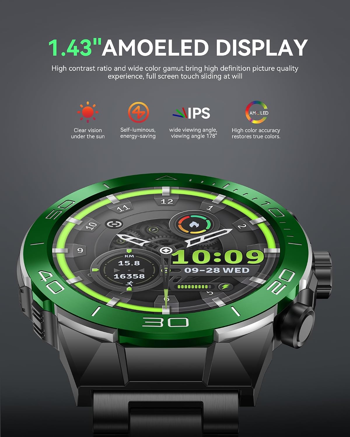 SOUYIE Men's Luxury Smart Watch - 1.43' AMOLED Display Smartwatch with HD Bluetooth Calling, 400mAh 30-Day Battery, 100+ Sports Modes, Health Monitor with Metal/Silicone Straps for Android iPhone