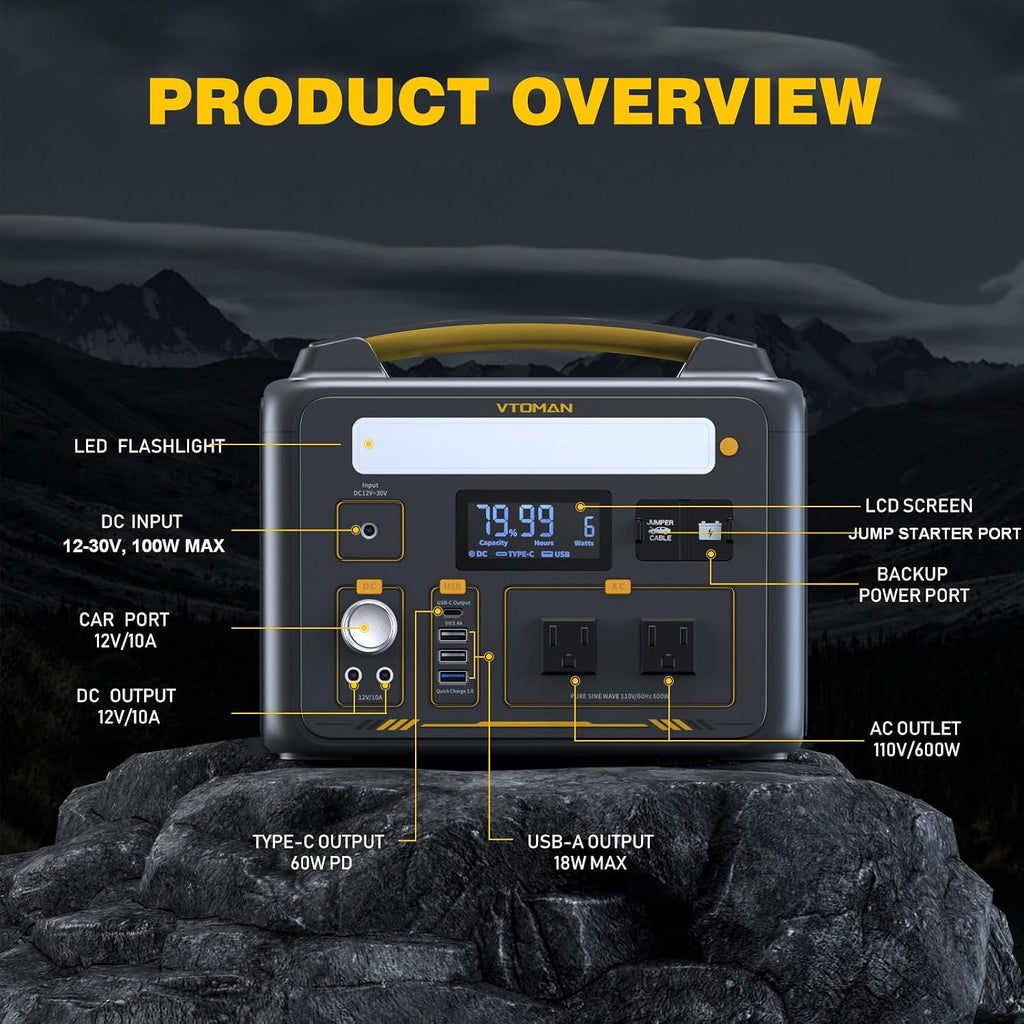 VTOMAN Jump 600X Portable Power Station 600W, 299Wh Solar Generator LiFePO4 Battery Power Station with Jump Start for Car, 1200W AC Outlet, PD 60W USB-C, 3x Regulated 12V/10A DC for Camping, RV Travel