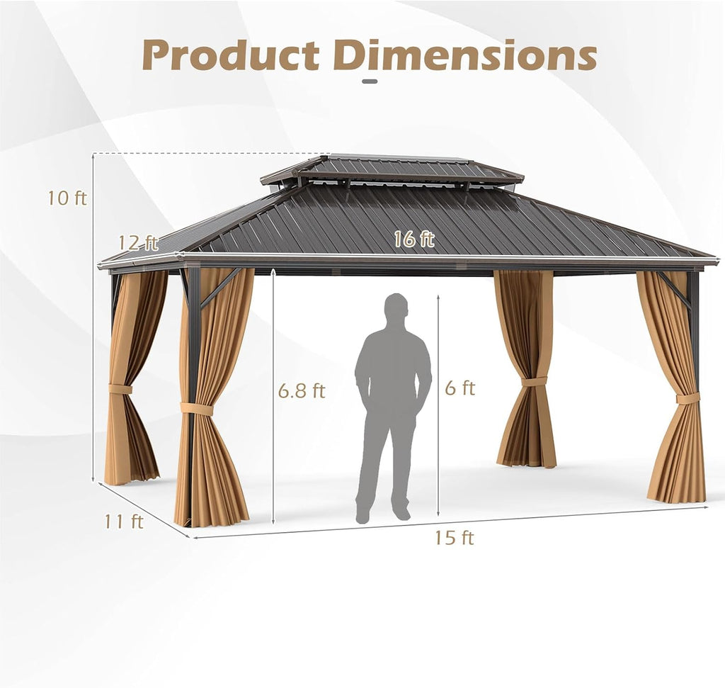 Tangkula 12x16 FT Hardtop Gazebo, Aluminum Permanent Pavilion Shelter with Curtains & Netting, Heavy-Duty Double Galvanized Metal Roof, Large Outdoor Gazebo for Patio Garden Deck Lawn Backyard