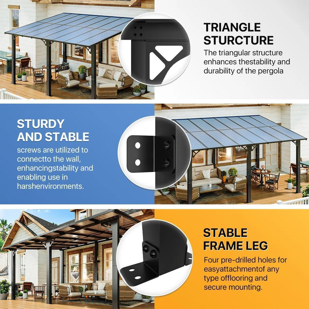 Gazebo for Patio 10' x 16', Wall-Mounted Lean to Gazebo Pergola with Roof, Hard Top Heavy Duty Awnings for Backyard, Decks and More