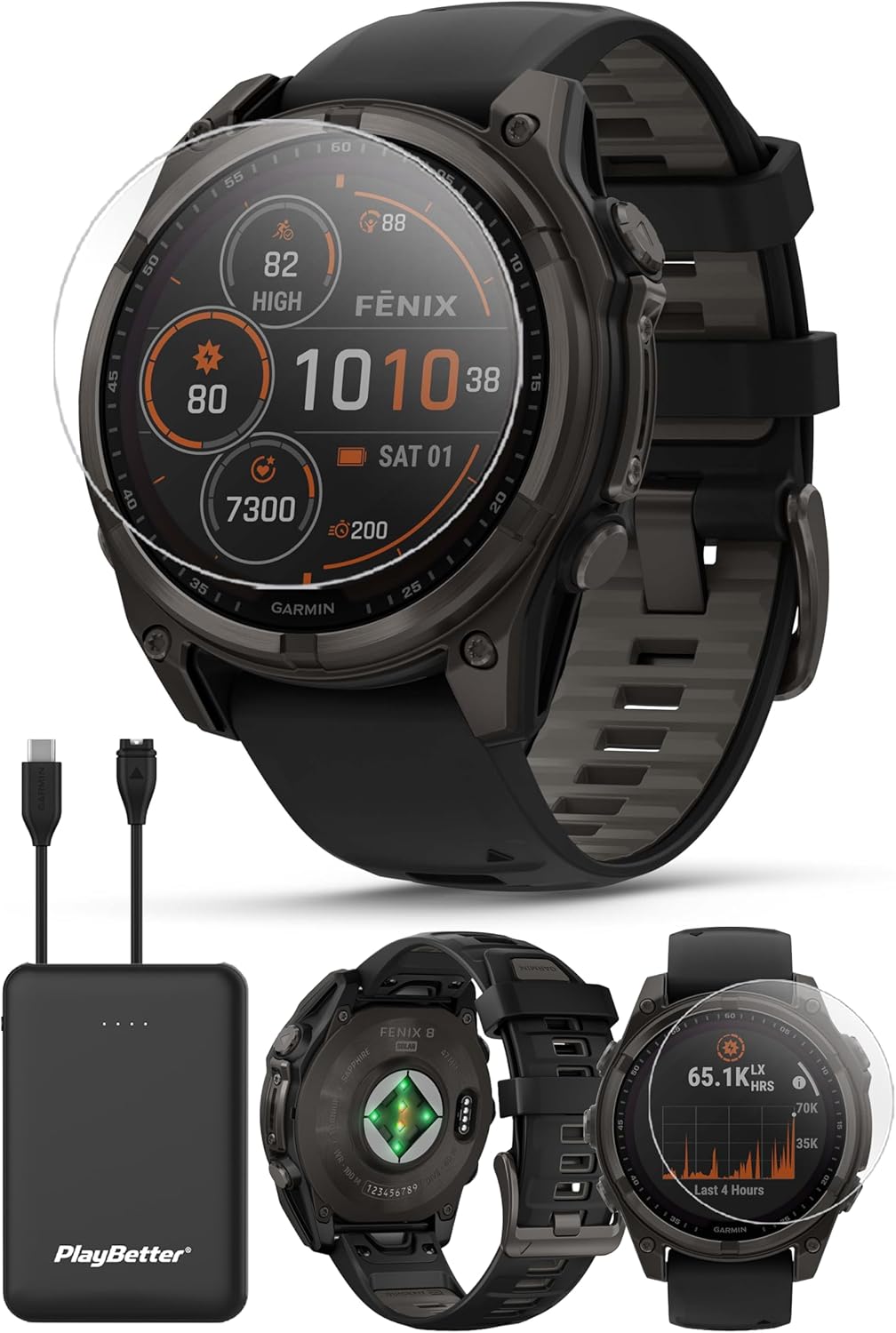 PlayBetter Garmin Fenix 8 Solar Sapphire (47mm, Carbon Gray DLC Titanium) Multisport GPS Smartwatch Bundle - 1.4' Touchscreen, Built-in LED Flashlight Portable Charger & Screen Protectors