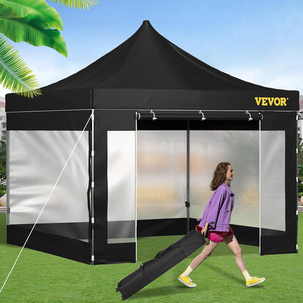 VEVOR 10x10 FT Pop up Canopy with Removable Sidewalls, Waterproof Winter Instant Canopies, Portable Gazebo Tent with Wheeled Bag, UV Resistant Enclosed Canopy for All-Weather Outdoor Events Black