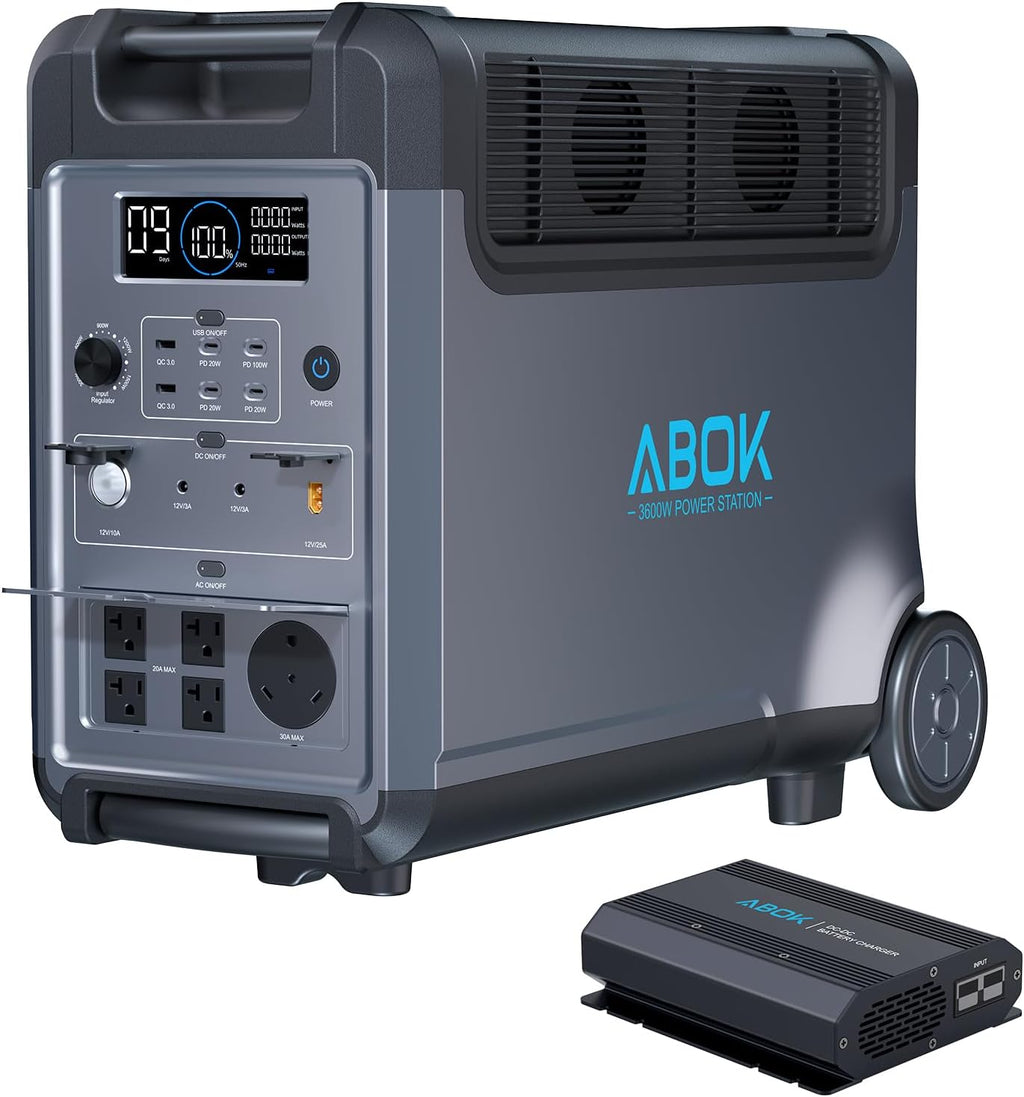 ABOK Ark3600 Portable Power Station with 500W Alternator Charger, 3840Wh LiFePO4 Battery, 3600W Electric Solar Generator for Garage, Off-Grid Living, Camping, RVs, Outdoor Adventures, Power Outages