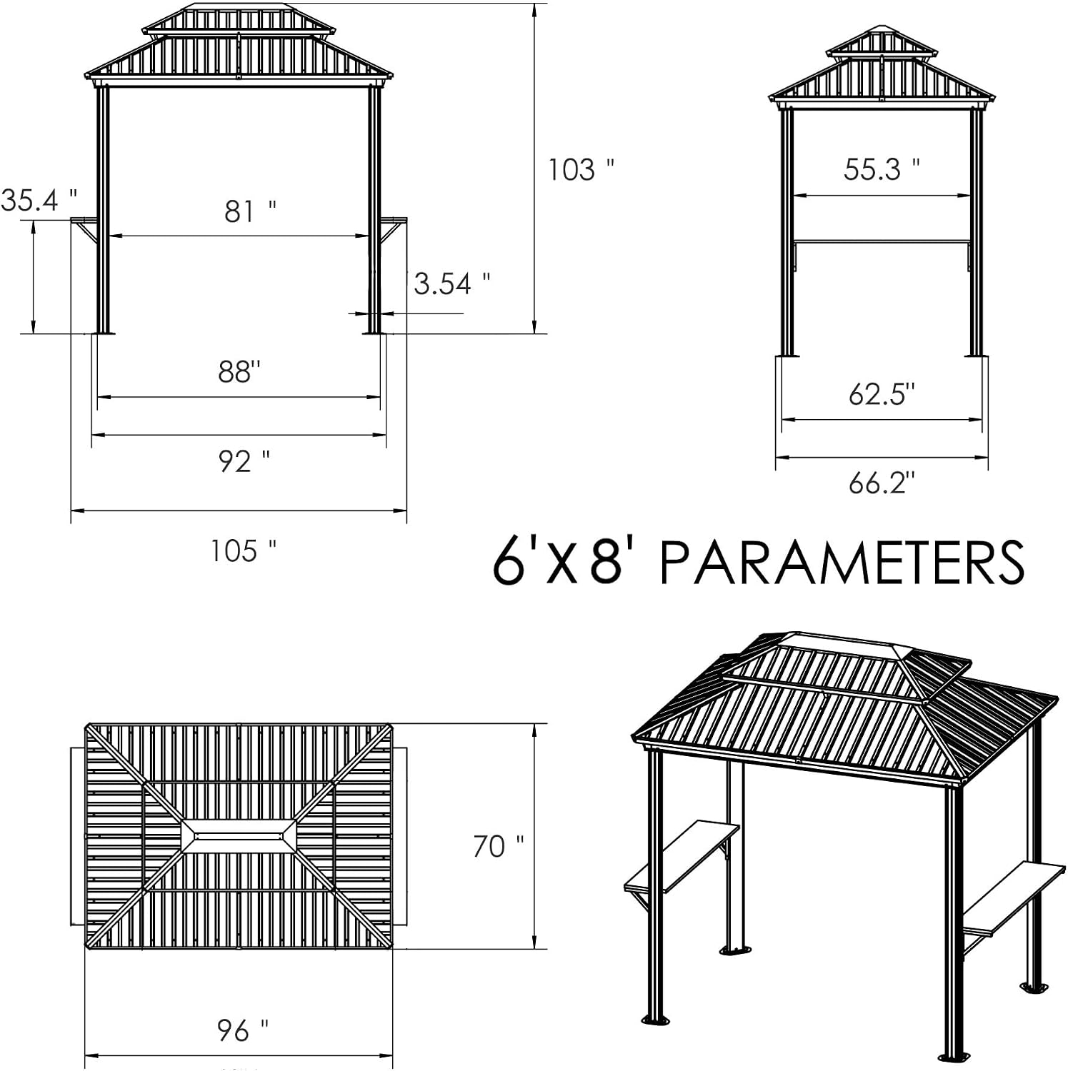 Kozyard 6' x 8' BBQ Hardtop Grill Gazebo, Outdoor Barbecue Shelter with Double Galvanized Metal Roof, Aluminum BBQ Gazebo with 2 Side Shelves for Outdoor Grilling Station (Gray, 6ft x 8ft)