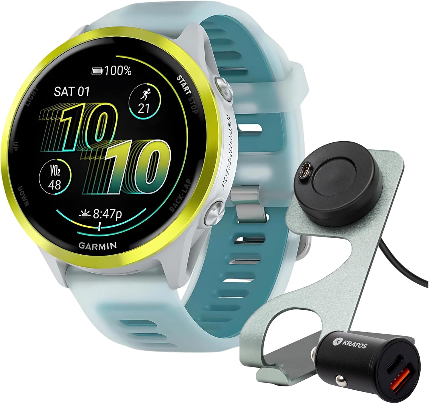 Garmin Forerunner 570 47mm GPS Running Smartwatch (Amp Yellow/Whitestone Turquoise) Bundle with Stand, Charging Cable and Car Charger (3 Items)