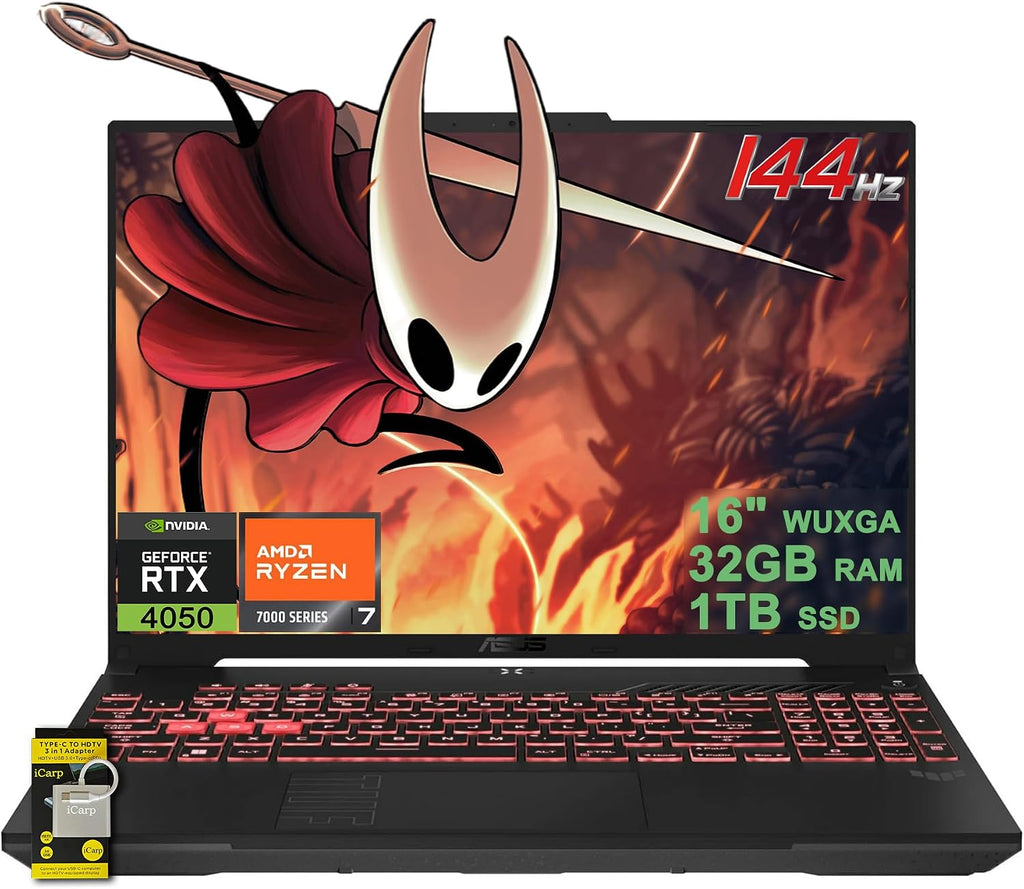 ASUS TUF Gaming A16 Laptop 16' WUXGA IPS 144Hz AMD Hexa-core Ryzen 7 7445HS 32GB DDR5 1TB SSD NVIDIA GeForce RTX 4050 (Up to 194 AI Tops) RGB Backlit USB4 Two-Way AI Noise Cancelation Win11 ICP Hub