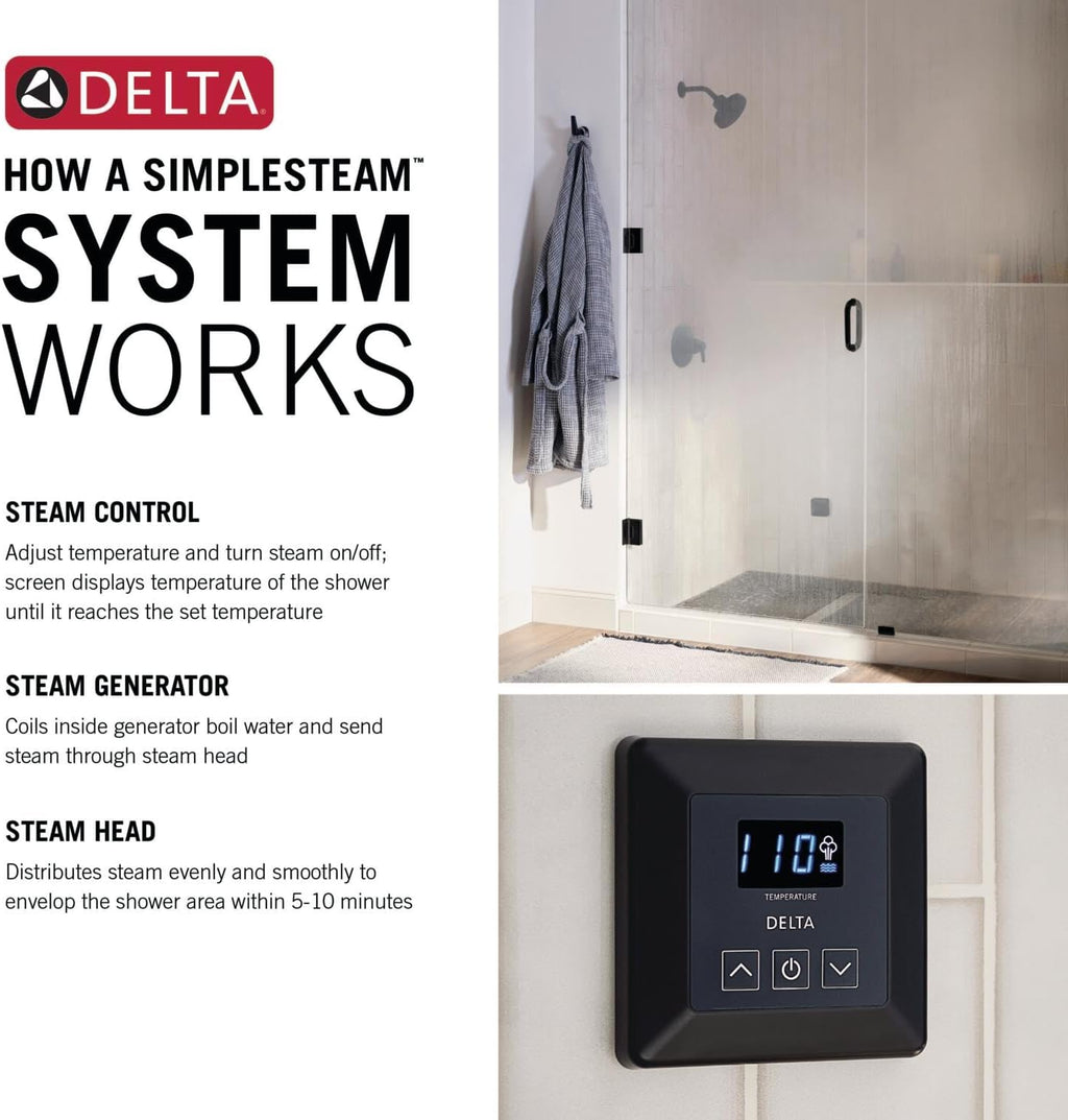 Delta Faucet SimpleSteam 6kW Steam System Kit Brushed Nickel, Includes 6kW Steam System Generator, Square Digital System Control, Square Steam Head, Lumicoat Stainless 5P-EST06-SS-PR