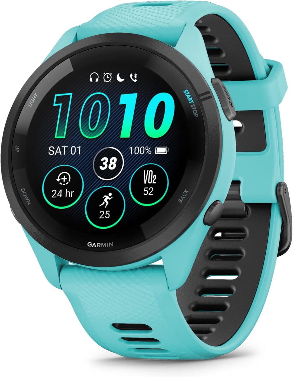 Garmin Forerunner 265 Music GPS Running 46 mm Smartwatch, Aqua with AMOLED 1.3 in Touchscreen Display White Earbuds Bundle, Aqua +Wht EarBuds