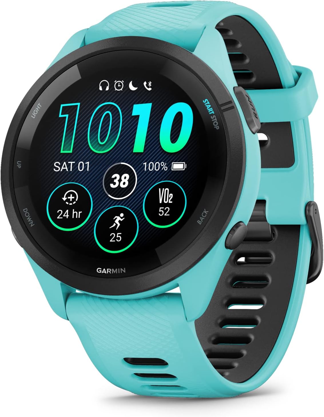 Garmin Forerunner 265 Music GPS Running 46 mm Smartwatch, Aqua with AMOLED 1.3 in Touchscreen Display White Earbuds Bundle, Aqua +Wht EarBuds