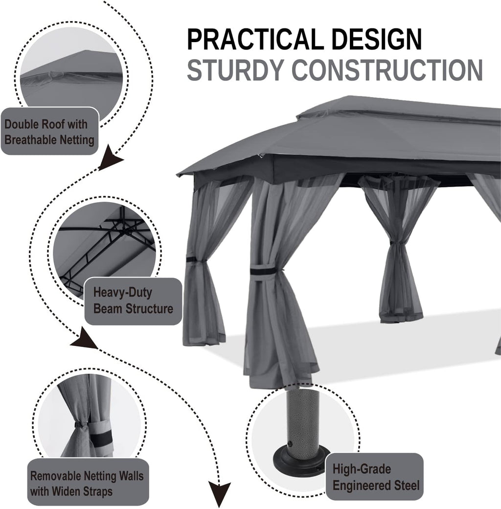ABCCANOPY Outdoor Patio Gazebo 10x20 - Double Roof Canopy with Mosquito Netting for Backyard, Deck, Garden, Lawn, Dark Gray