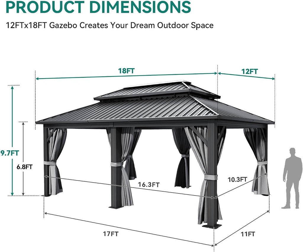 YITAHOME 12X18FT Metal Hardtop Gazebo Double Roof Canopy Galvanized Iron Aluminum Garden Gazebo Curtains Netting for Patios Backyards Decks Lawns