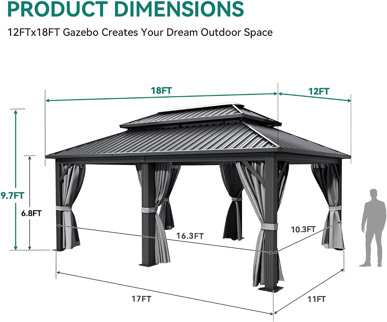 YITAHOME 12X18FT Metal Hardtop Gazebo Double Roof Canopy Galvanized Iron Aluminum Garden Gazebo Curtains Netting for Patios Backyards Decks Lawns
