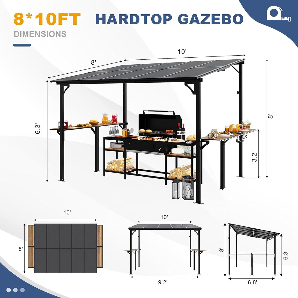 MEISSALIVVE 8' x 10' Wall Mounted Gazebo, Outdoor BBQ Grill Gazebo with Side Shelf, Lean to Metal Awnings with Sloped Roof, Heavy Duty Pergola for Backyard, Deck, Black