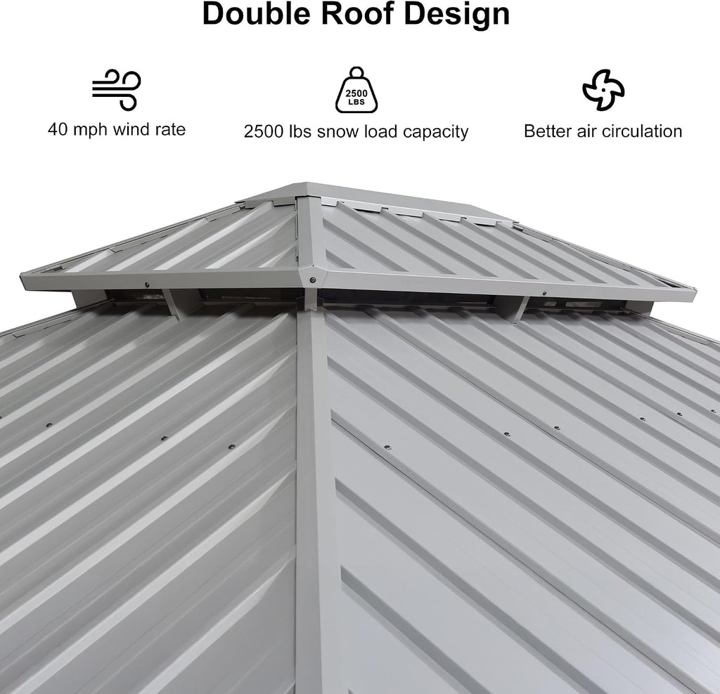 PURPLE LEAF 11' x 13' Permanent Hardtop Gazebo with Galvanized Steel Double Roof and Aluminum Frames Outdoor Large Pavilion Gazebo for Patio Deck Garden, Netting and Curtains Included, Light Grey