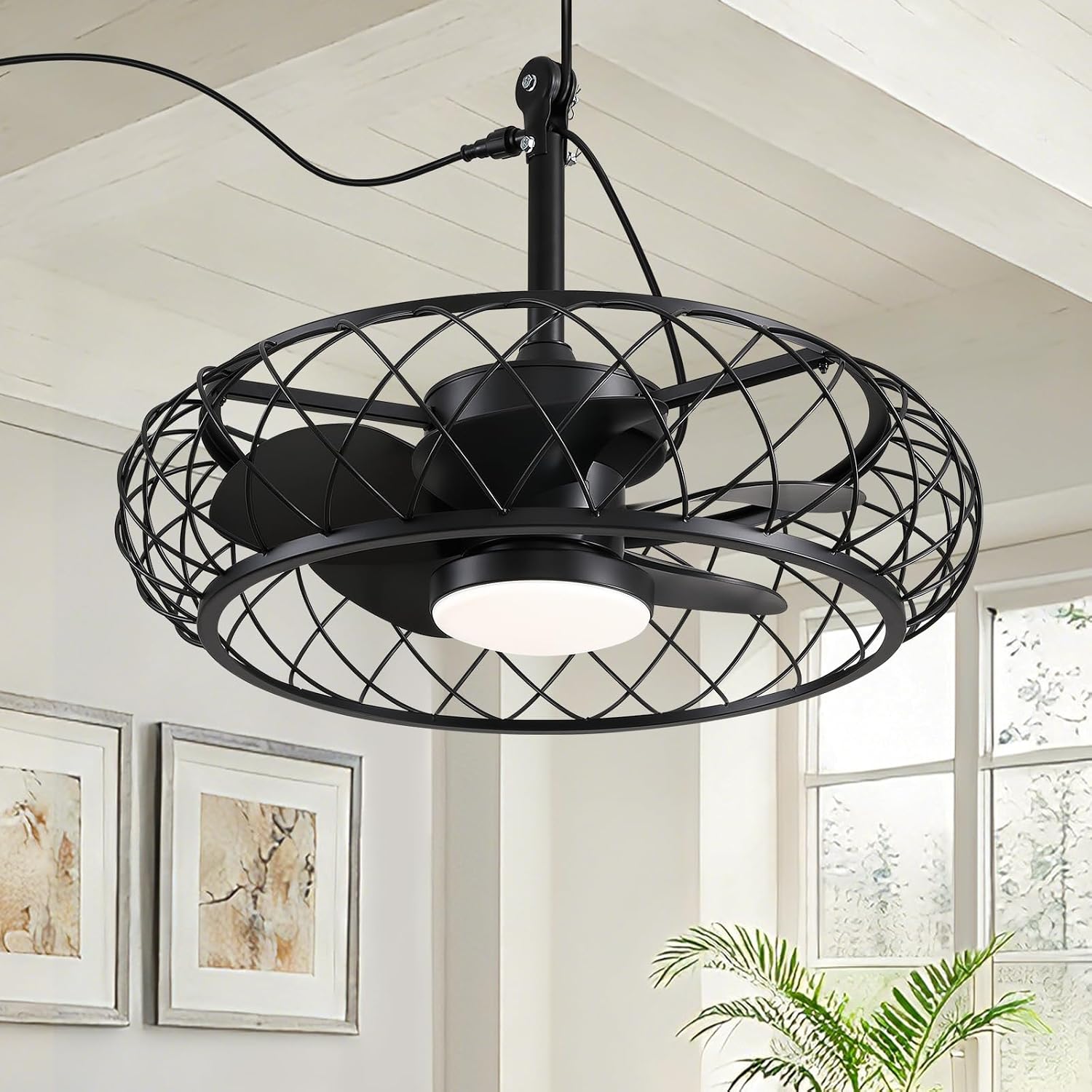 24' Outdoor Ceiling Fan with Light Hanging Plug in Caged Gazebo Fan Remote APP Control 3CCT Dimmable, Quiet Reversible DC Motor Waterproof for Patio Pergola Porch Canopy Black