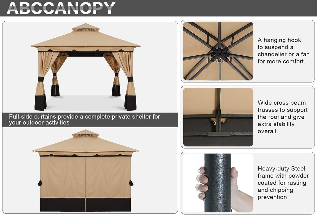 ABCCANOPY 8'x8' Outdoor Gazebo, Double Roof Patio Gazebo with Shade Curtains, Beige