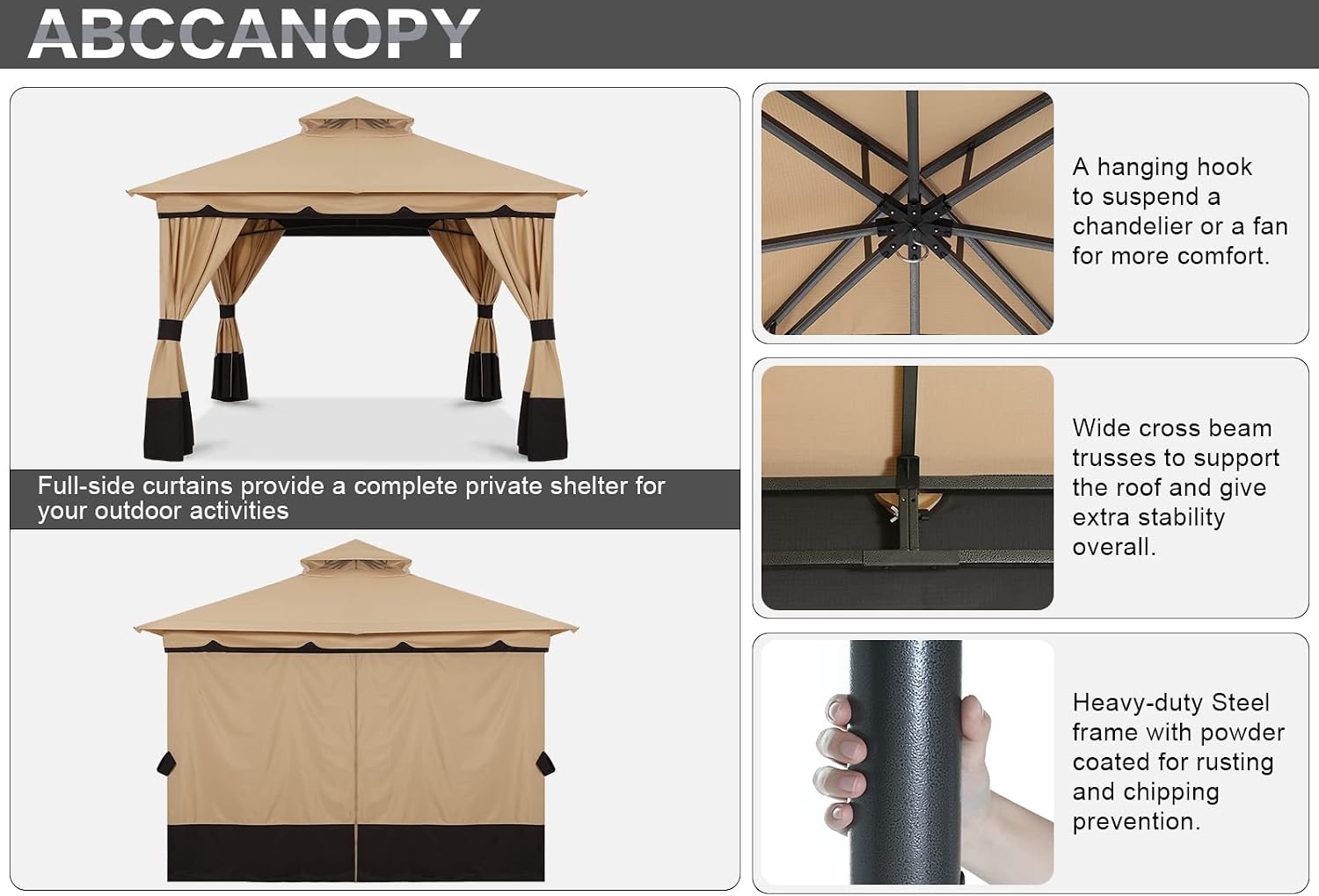 ABCCANOPY 8'x8' Outdoor Gazebo, Double Roof Patio Gazebo with Shade Curtains, Beige