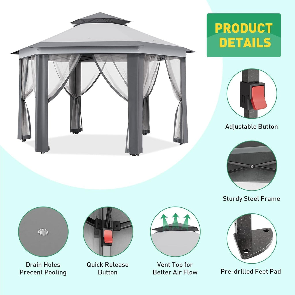 13x13ft Popup Hexagonal Gazebo with Mosquito Net, Adjustable Outdoor Hexagonal Canopy with Portable Handbag for Garden/Backyard/Patio - Gray (Light Gray+Dark Gray)