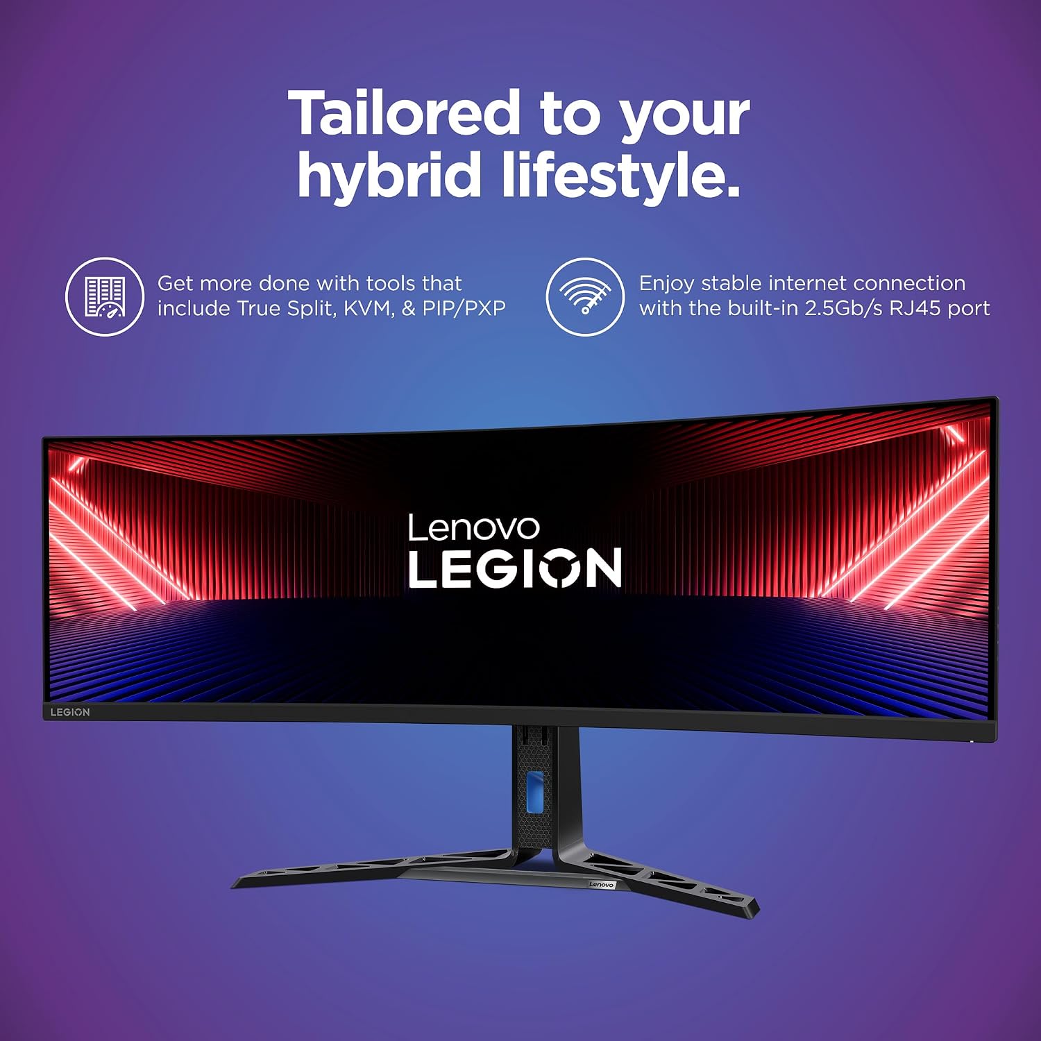 Lenovo Legion R45w-30 Gaming Monitor, 44.5' 32:9 Curved, DualQHD Resolution, 170Hz Refresh, 1ms MPRT, AMD FreeSync Premium Pro, HDR400, KVM, USB-C, RJ45, Lift/Tilt/Swivel Stand, 450 nits, Black