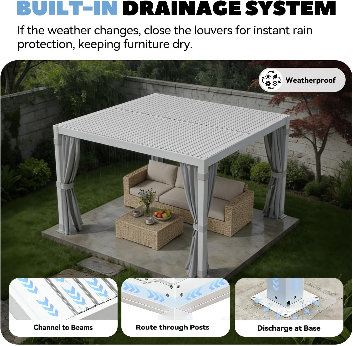 MELLCOM Louvered Pergola 12x12, Steel Aluminum Pergola with Adjustable Louvered Roofs, Outdoor Gazebo with Waterproof Curtains and Nets, White