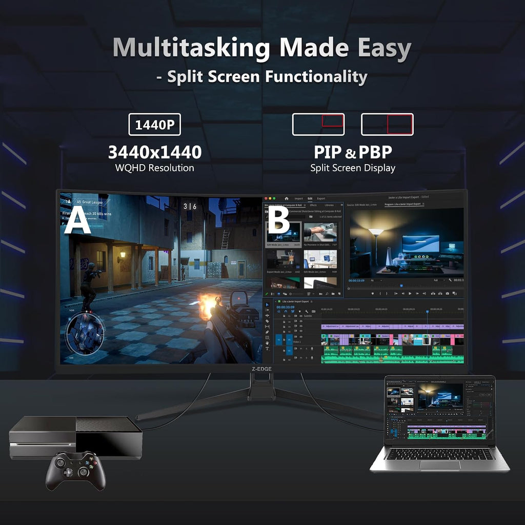 Z-Edge 34' Curved Gaming Monitor, WQHD 1440P 165Hz 144Hz PC Monitor, MPRT 1ms, 21:9 Aspect Ratio, 1500R, 16.7M Colors, 3000:1 Contrast, UG34 Frameless Bezel, 2X DP 1.4 Ports and 2X HDMI 2.0 Port