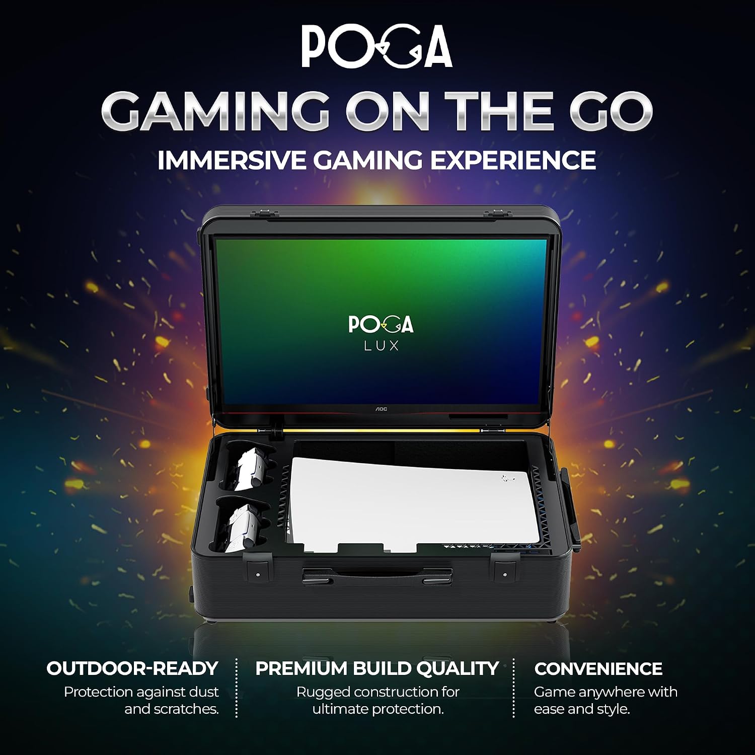 POGA LUX Compatible with PlayStation 5 Premium Portable Console Travel Case incl. Trolley and 24'' AOC Gaming Monitor - (V3 - Bluetooth Speaker Optional) White