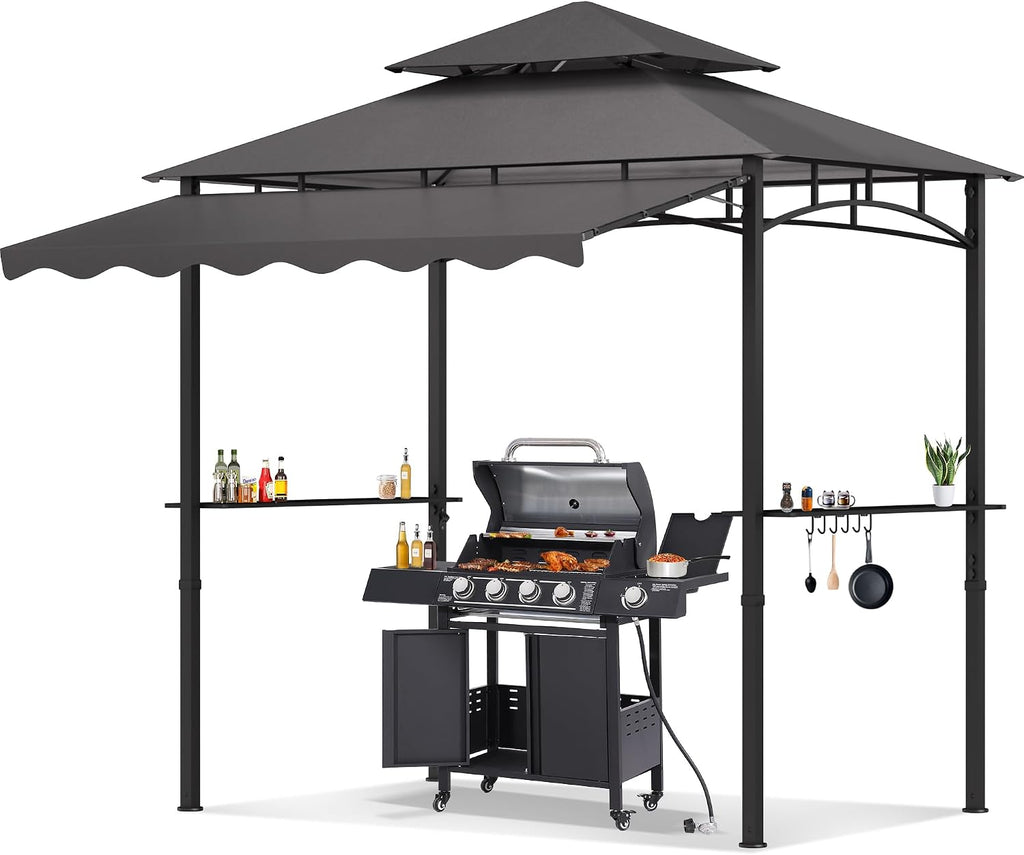 8'X 8' Grill Gazebo with Extra Side Awning, Double Tiered BBQ Gazebos Heavy-Duty Steel Frame Awning W/2 Side Shelf 7 Hook, Outdoor Pergola Awning Tent for Patio Deck Backyard BBQ Party (Gray)