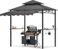 8'X 8' Grill Gazebo with Extra Side Awning, Double Tiered BBQ Gazebos Heavy-Duty Steel Frame Awning W/2 Side Shelf 7 Hook, Outdoor Pergola Awning Tent for Patio Deck Backyard BBQ Party (Gray)