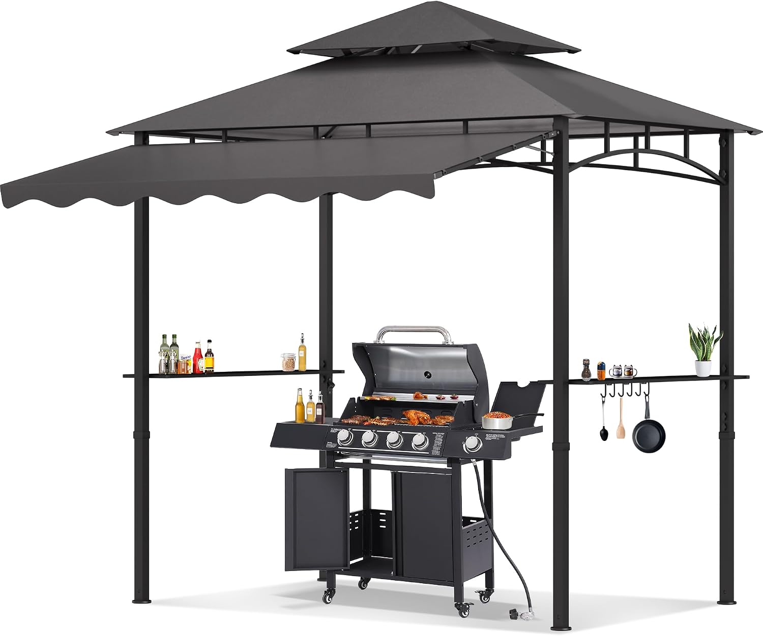 8'X 8' Grill Gazebo with Extra Side Awning, Double Tiered BBQ Gazebos Heavy-Duty Steel Frame Awning W/2 Side Shelf 7 Hook, Outdoor Pergola Awning Tent for Patio Deck Backyard BBQ Party (Gray)
