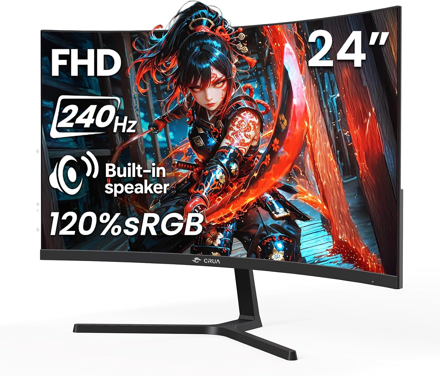 CRUA 24' 240Hz Gaming Monitor, Curved FHD 1920 x 1080P, Built-in Speakers, Support 120% sRGB, AMD FreeSync, Low Motion Blur, Wall Mount Installs Compatible, for Office and Games(HDMI 2.0&DP 1.4)–Black