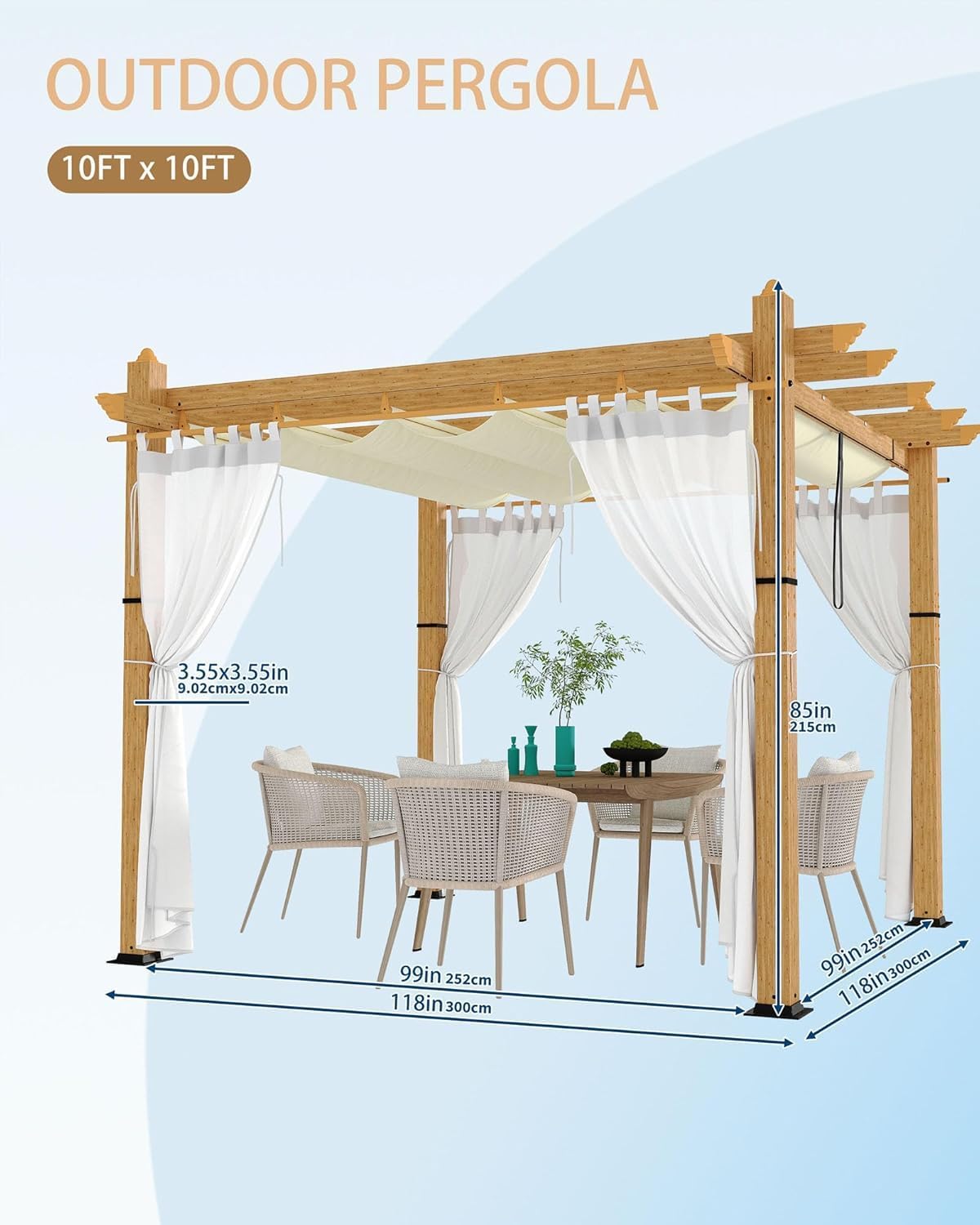 IDEALHOUSE 10 x 10 FT Patio Pergola, Aluminum Patio Gazebo with Retractable Sun Shade &Side Mesh, Metal Pergola Shelter for Backyard Deck Garden, Wood-Grain
