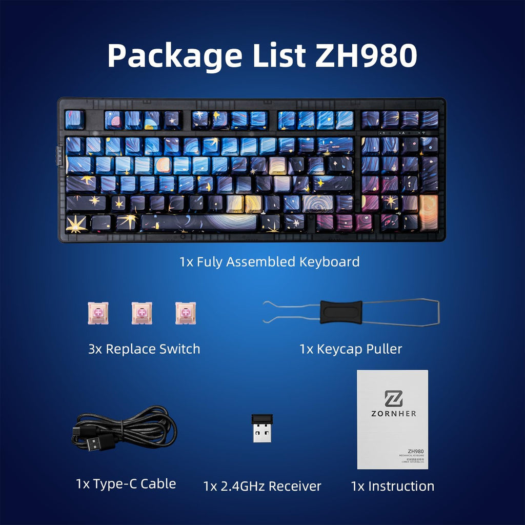 ZORNHER ZH980 Mechanical Keyboard,95% Blue Creamy Keyboard with Number Pad,Van Gogh's Starry Night Dye Sublimation PBT Keycaps,Creamy Sounding Linear Switches,Hot-Swappable,RGB Backlit