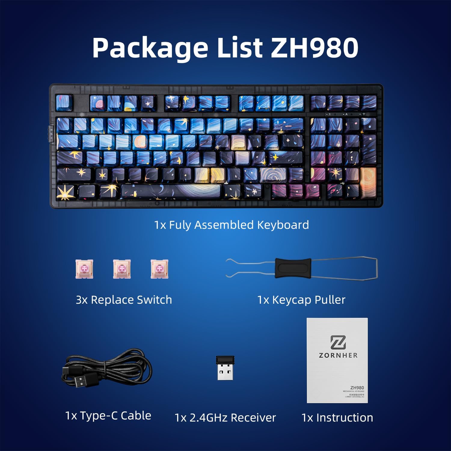 ZORNHER ZH980 Mechanical Keyboard,95% Blue Creamy Keyboard with Number Pad,Van Gogh's Starry Night Dye Sublimation PBT Keycaps,Creamy Sounding Linear Switches,Hot-Swappable,RGB Backlit