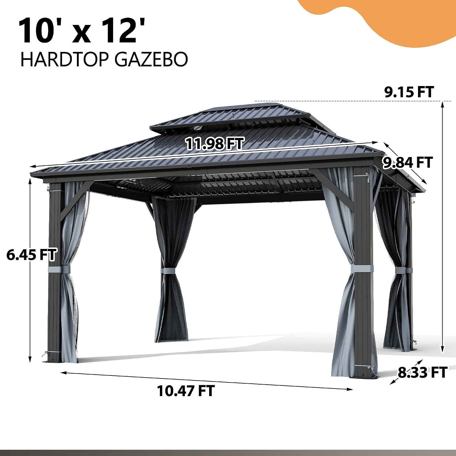 10'x12' Hardtop Gazebo, Outdoor Double Roof Galvanized Steel Gazebo, Aluminum Frame Permanent Pavilion with Curtains & Netting for Backyard, Patio, Deck (Galvanized Steel Top, 10x12 FT)