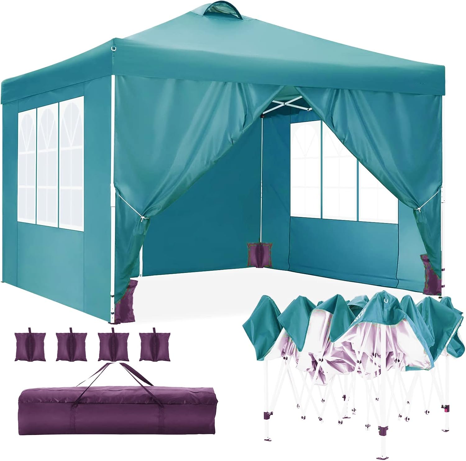 COBIZI Canopy 10x10 Waterproof Pop up Canopy Tent with 4 Sidewalls Outdoor Event Shelter Sun Shade Party Commercial Canopy with Air Vent, 4 Weight Bags(10'x10' with 4 sides & 4 Sandbags, forest green)