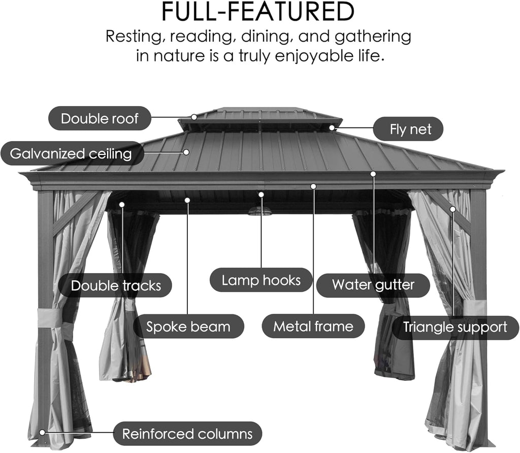 Kozyard Alexander 12' x 20' Hardtop Gazebo, Aluminum Frame with Galvanized Steel Double Roof, Outdoor Permanent Pavilion with Curtains and Netting for Patio, Backyard, Deck, Lawn(Gray)