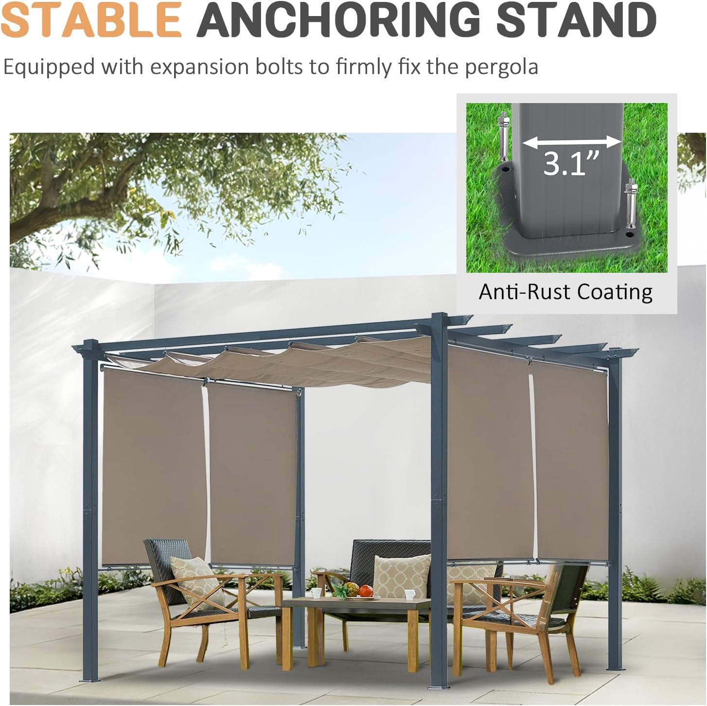 10 x 10 Ft Outdoor Aluminum Pergola, Retractable Canopy & 2 Sides Shades for Patio Backyard Garden Deck