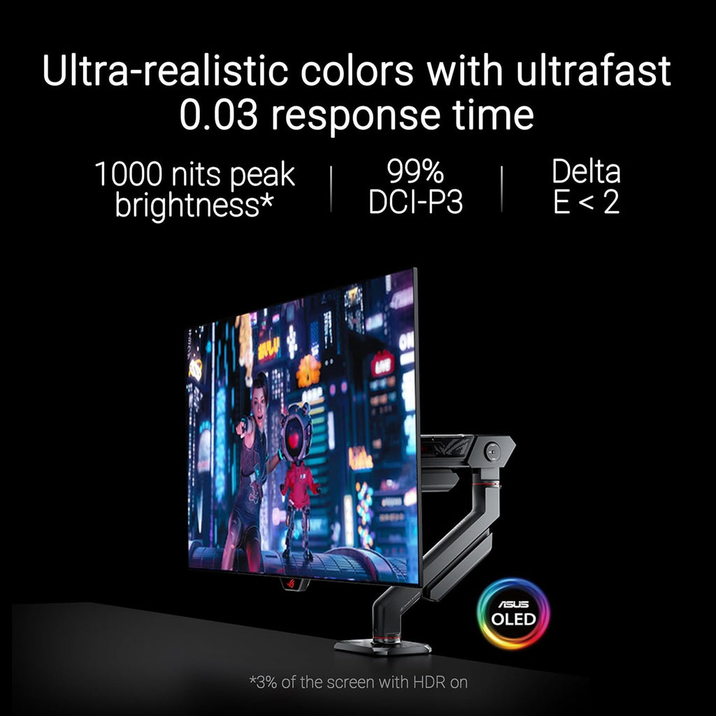 ASUS ROG Swift 27' (26.5' viewable) 1440P OLED DSC Gaming Monitor (PG27AQDM-R) - QHD (2560x1440) 240Hz, 0.03ms, G-SYNC Compatible, 99% DCI-P3, True 10-bit, Monitor Arm Included, 3 yr Warranty