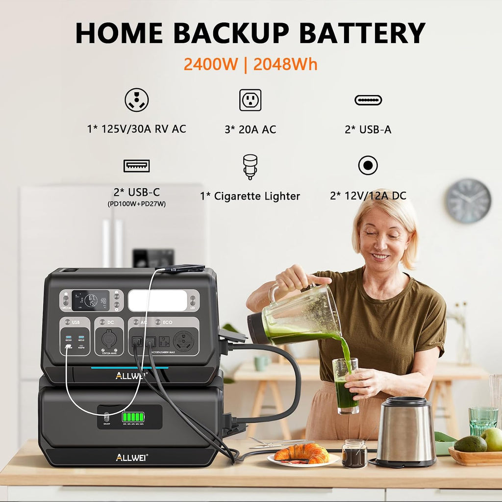 ALLWEI Portable Power Station 2400W(Surge 4800W) with 1x 400W Solar Panel Included, Fast Charge in 1.5H, 4 AC Outlet, LiFePO4 2048Wh Solar Generator for RV Camping Emergency Outdoor Home Use